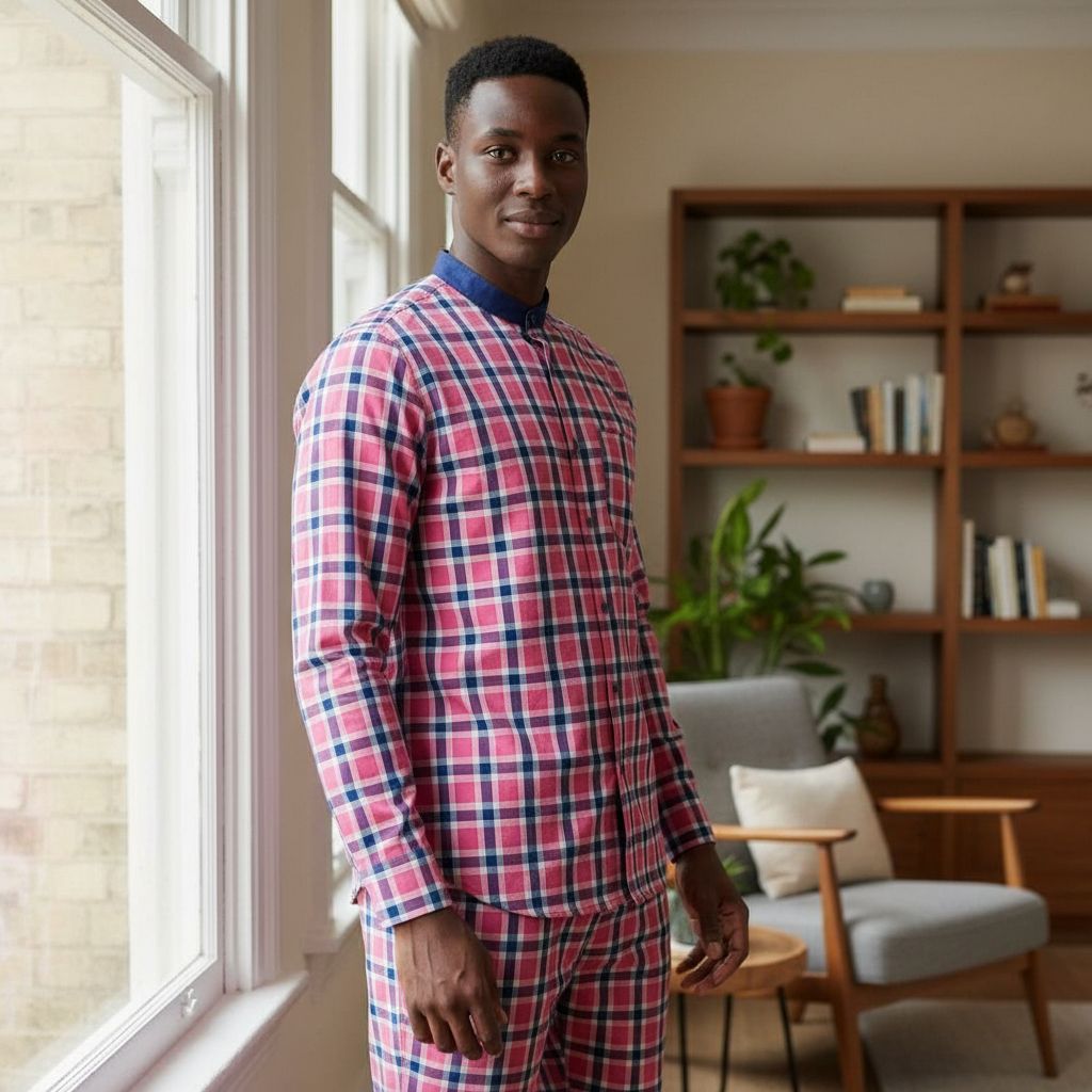 Pyjama homme coton rose à carreaux, élégant et confortable col chemise