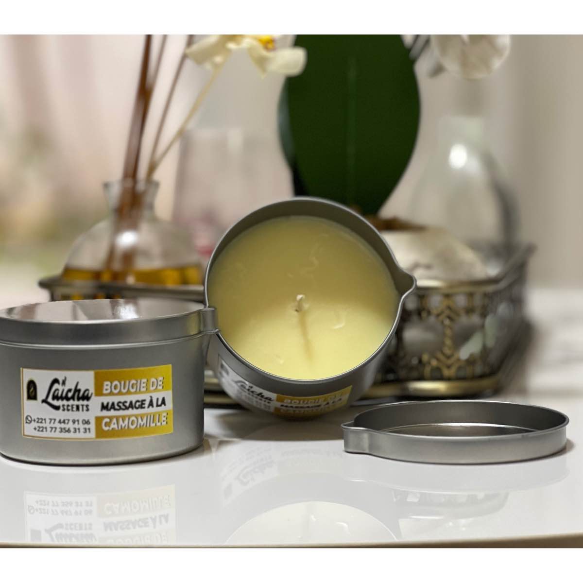 Bougie de massage camomille et menthe basilic naturelle, bien-être relaxant