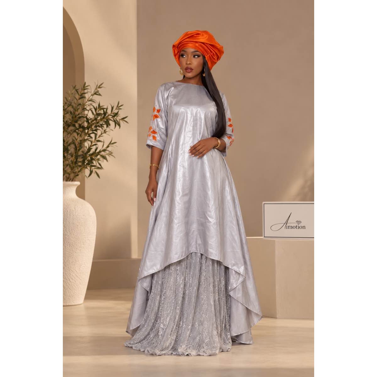 Robe bazin riche femme gris orange et dentelle coton, ensemble élégant mariage
