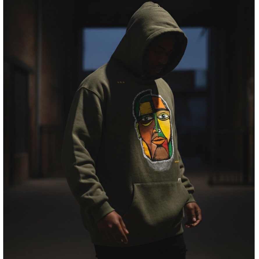 Sweat-shirt « vert militaire » avec masque tribal. Grande taille et qualité du pull Premium.