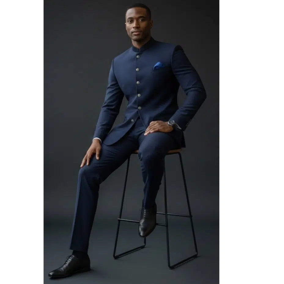 Costume africain homme bleu marine col officier élégant cérémonie mariages