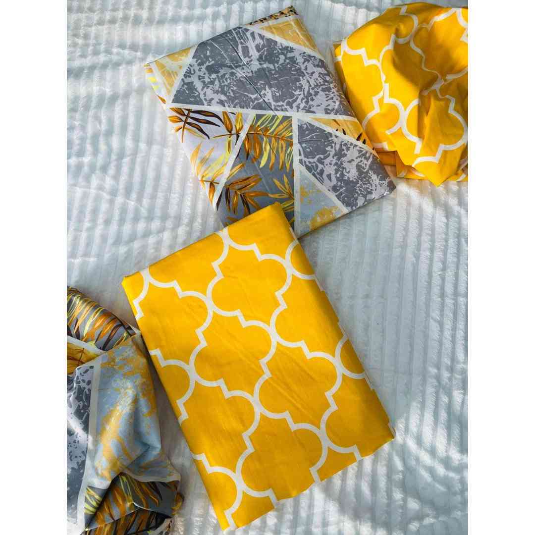 Linge de lit jaune et gris : 2 draps en coton et 4 taies motif géométrique
