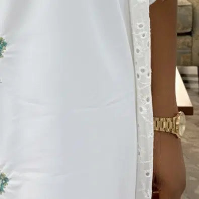 Robe longue blanche femme bohème en coton ajouré