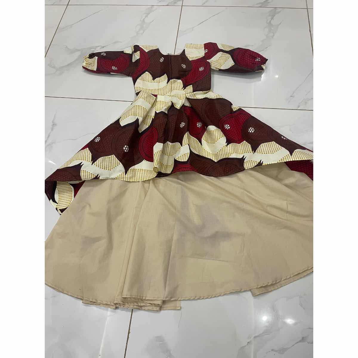 Robe wax longue enfant beige et marron en coton
