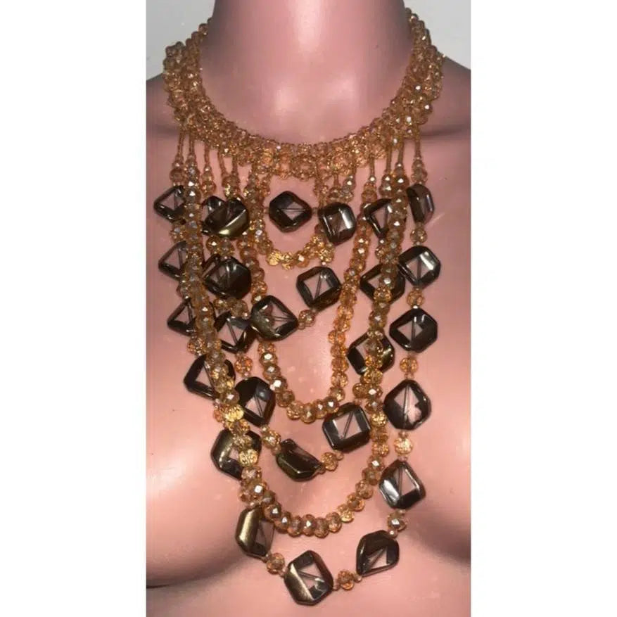 Collier multi rangs doré femme avec des perles ambrées