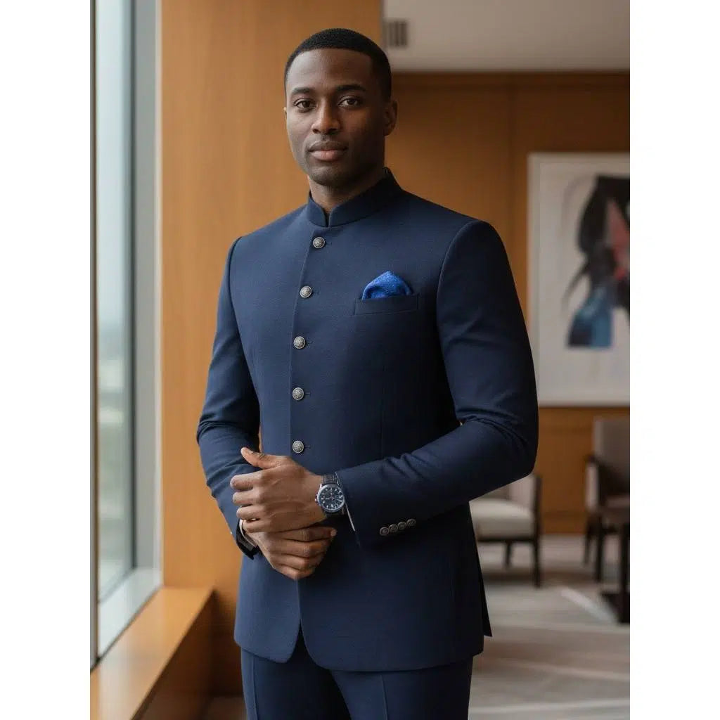 Costume africain homme bleu marine col officier élégant cérémonie mariages