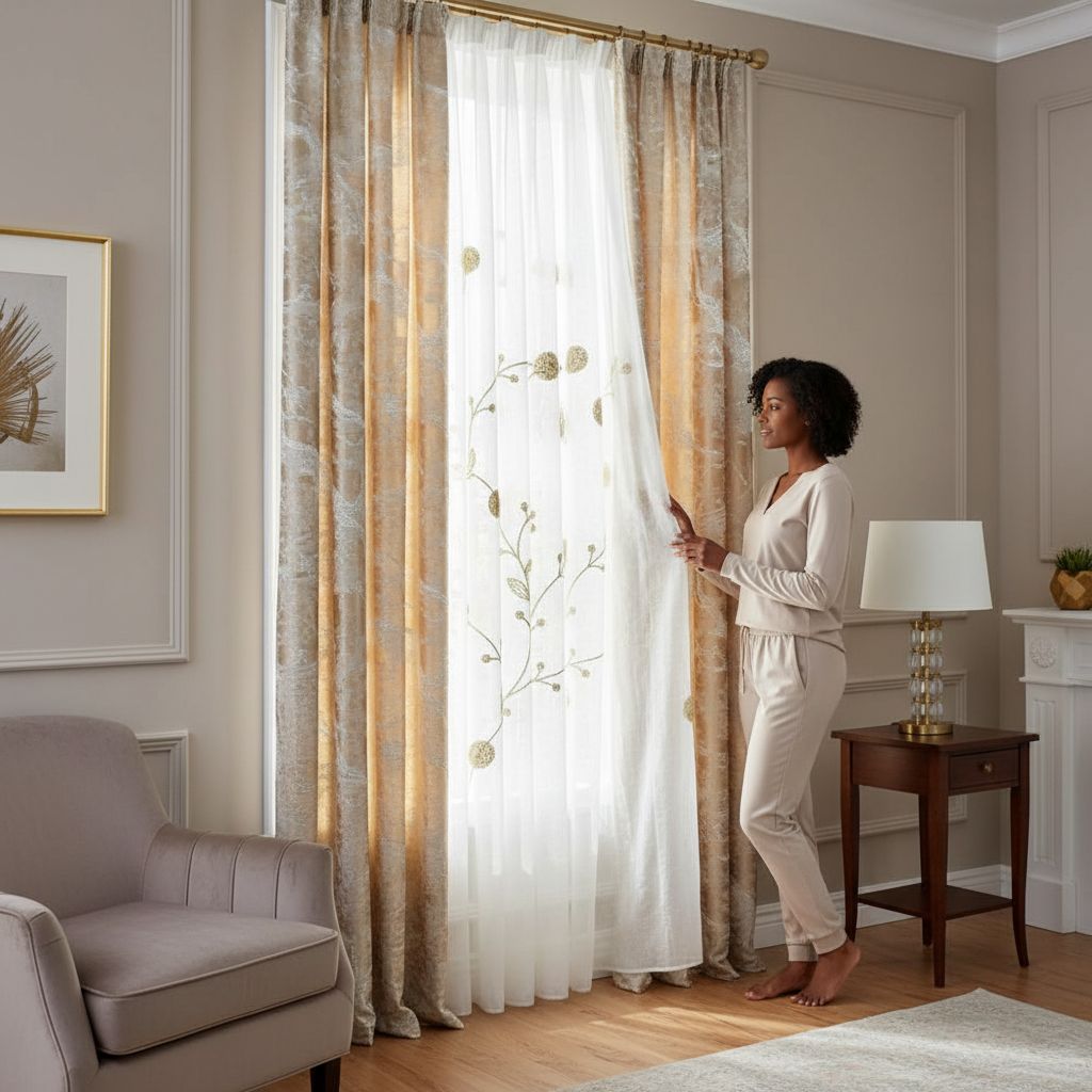 Rideau trois pieces jacquard beige et blanc, élégant brodé doré salon