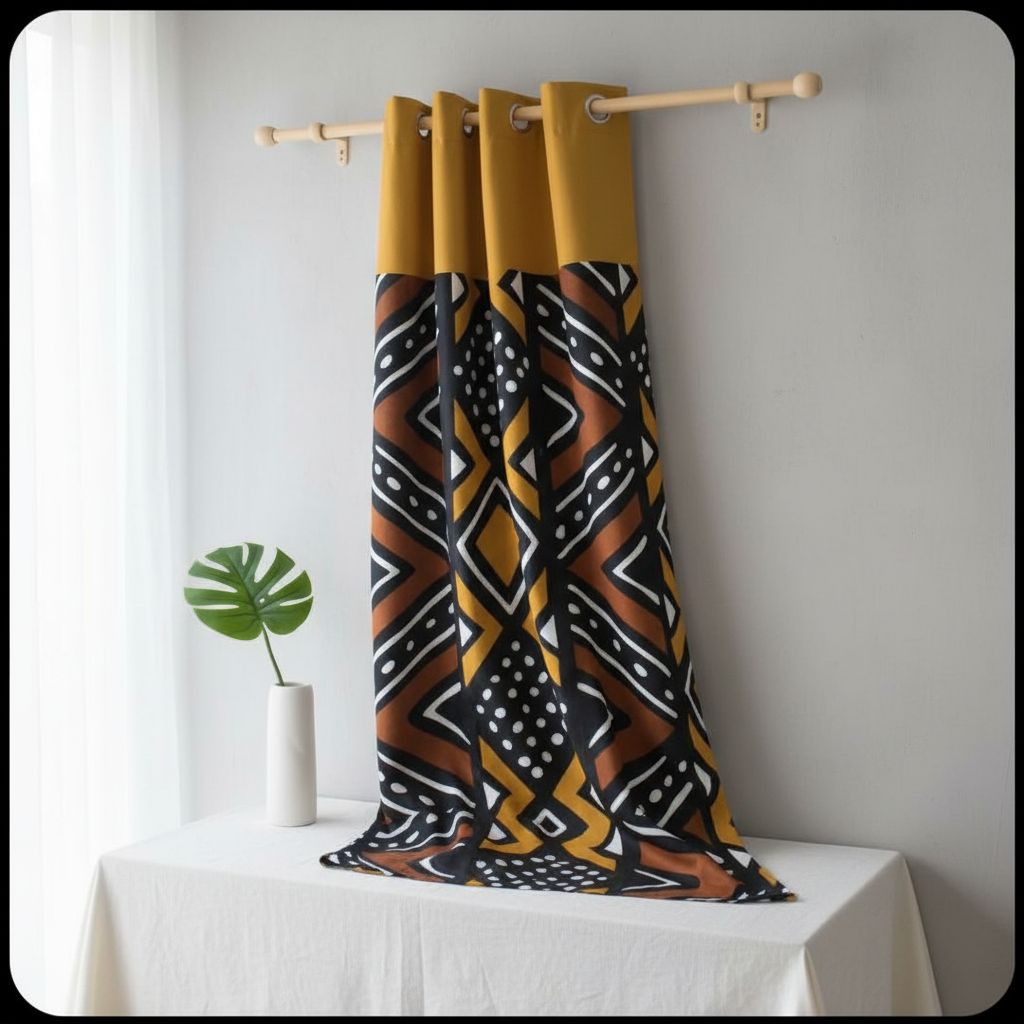 Rideau wax africain motif géométrique ocre jaune et bleu, déco salon moderne