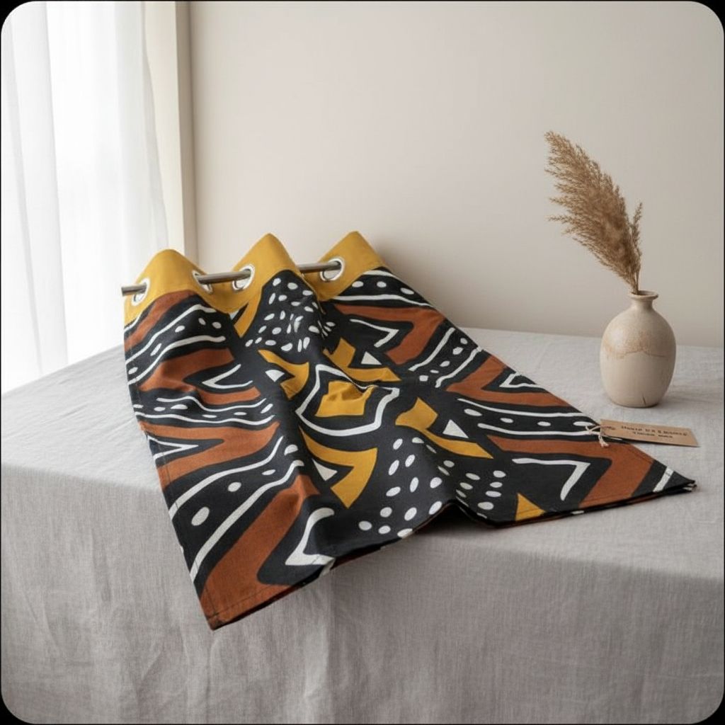 Rideau wax africain motif géométrique ocre jaune et bleu, déco salon moderne