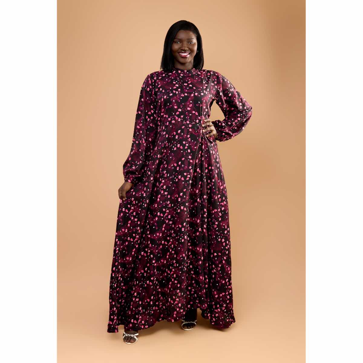Robe Coton femme rose et multicouleur , longue fleurie, manches bouffantes