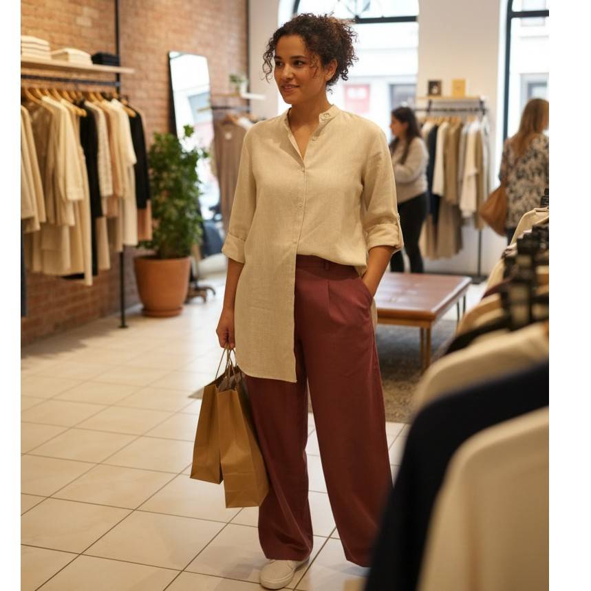 Ensemble lin femme beige et bordeaux, pantalon ample et chemise élégante