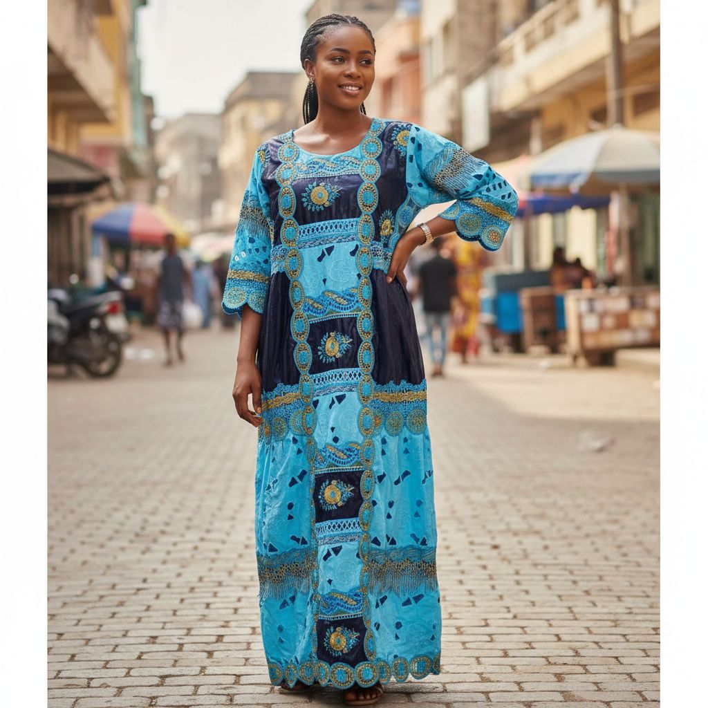 Robe geztner bleu marine brode garnitures bleu turquoise