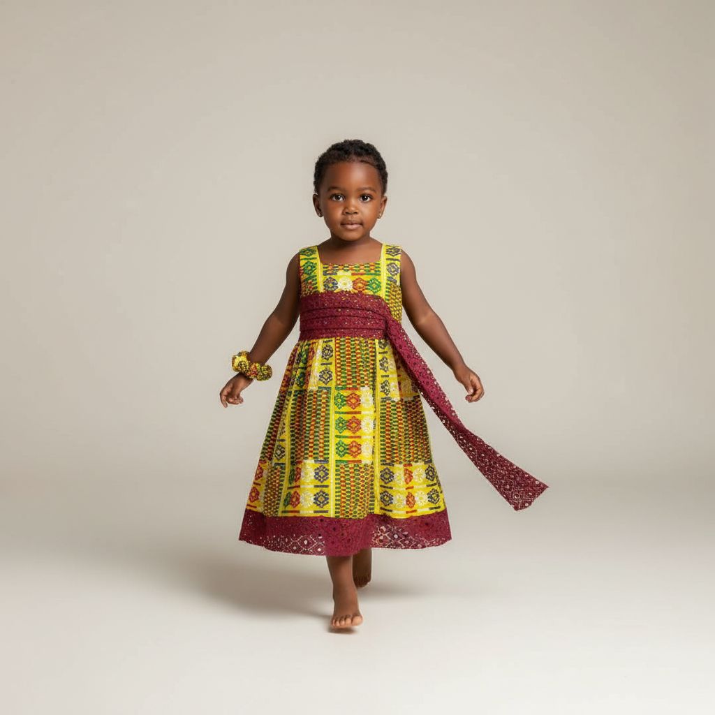 Robe africaine enfant 3 ans en coton wax multicolore, motif géométrique et dentelle