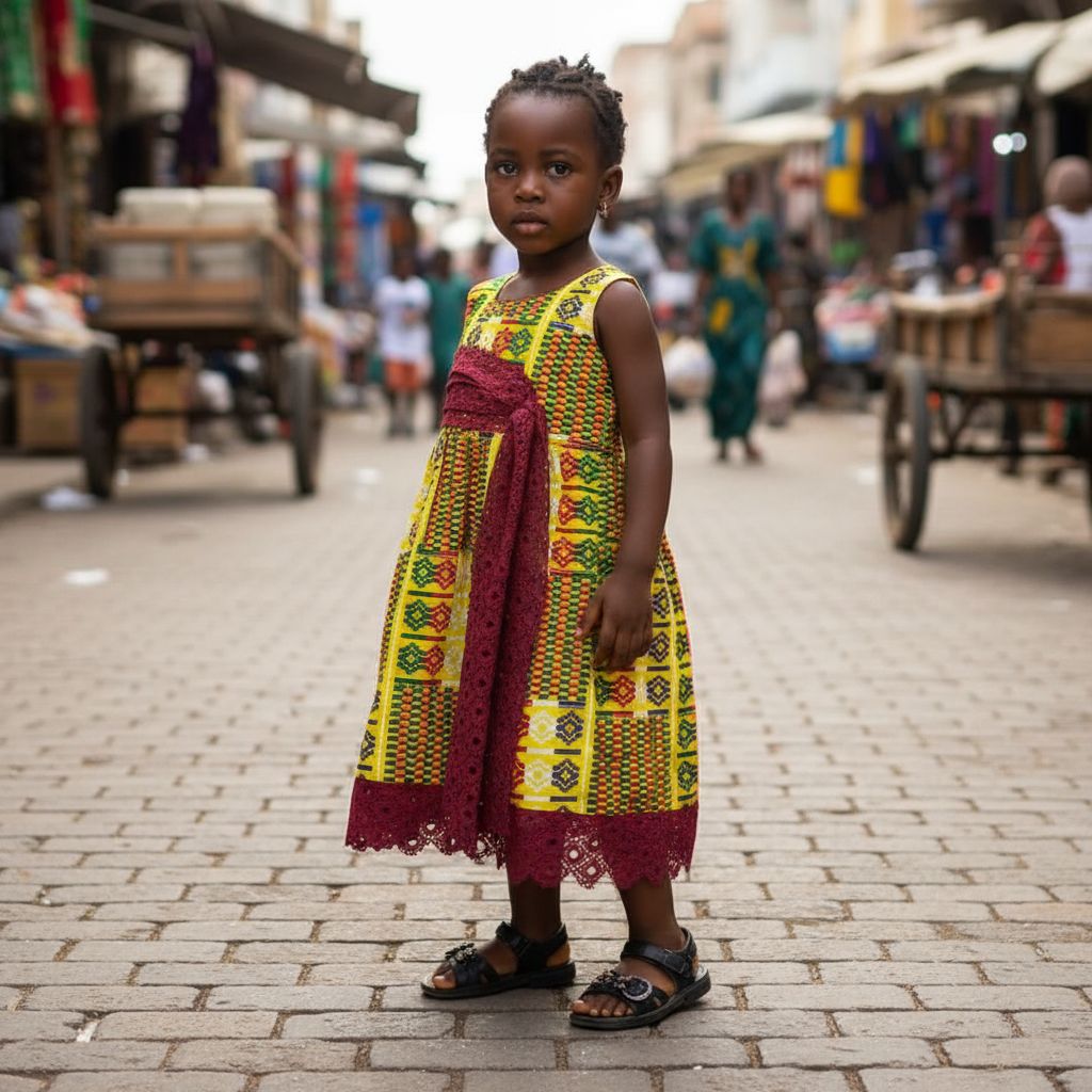 Robe africaine enfant 3 ans en coton wax multicolore, motif géométrique et dentelle