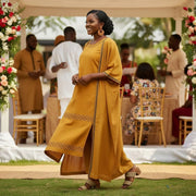 Robe tunique broderie africaine femme coton jaune moutarde