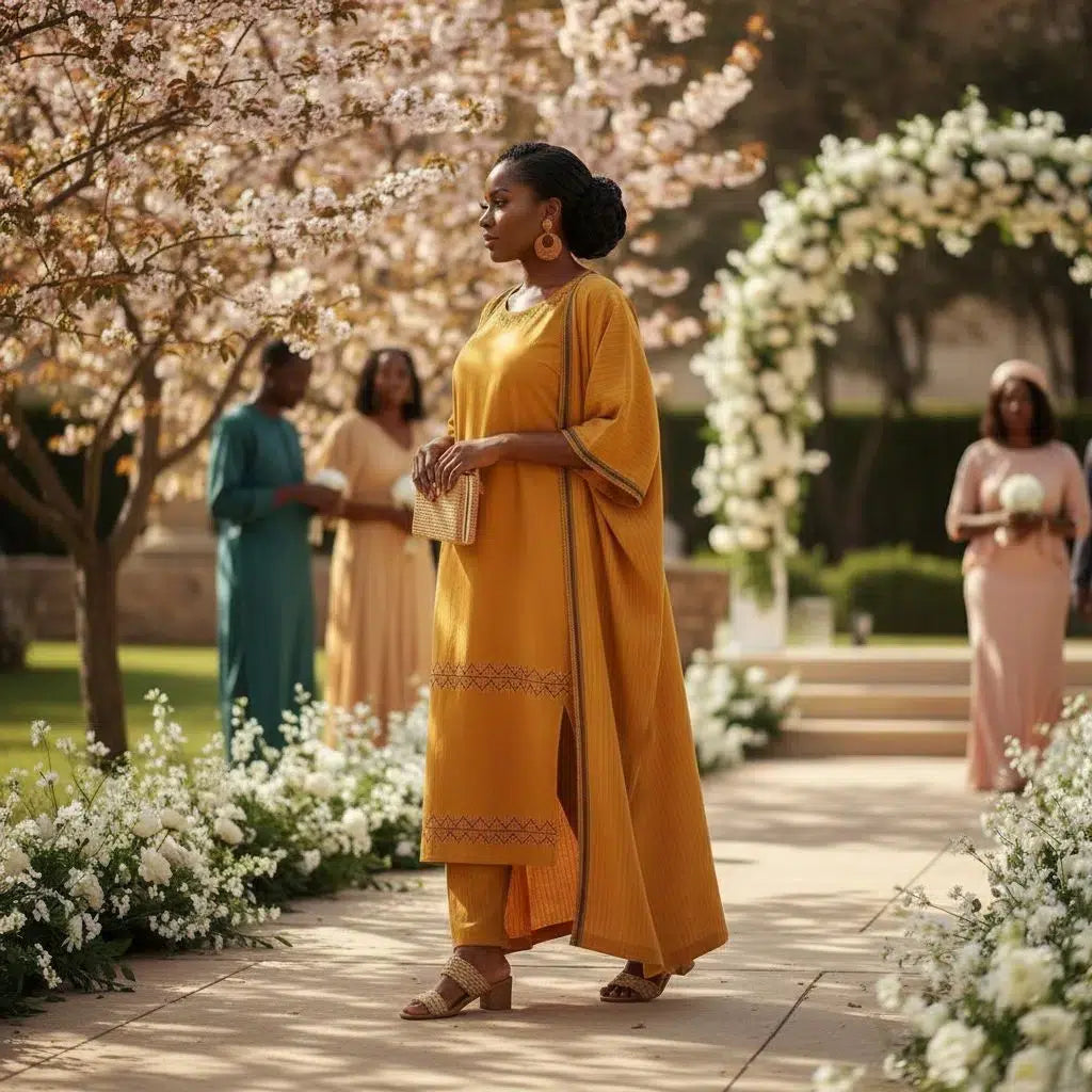 Robe tunique broderie africaine femme coton jaune moutarde