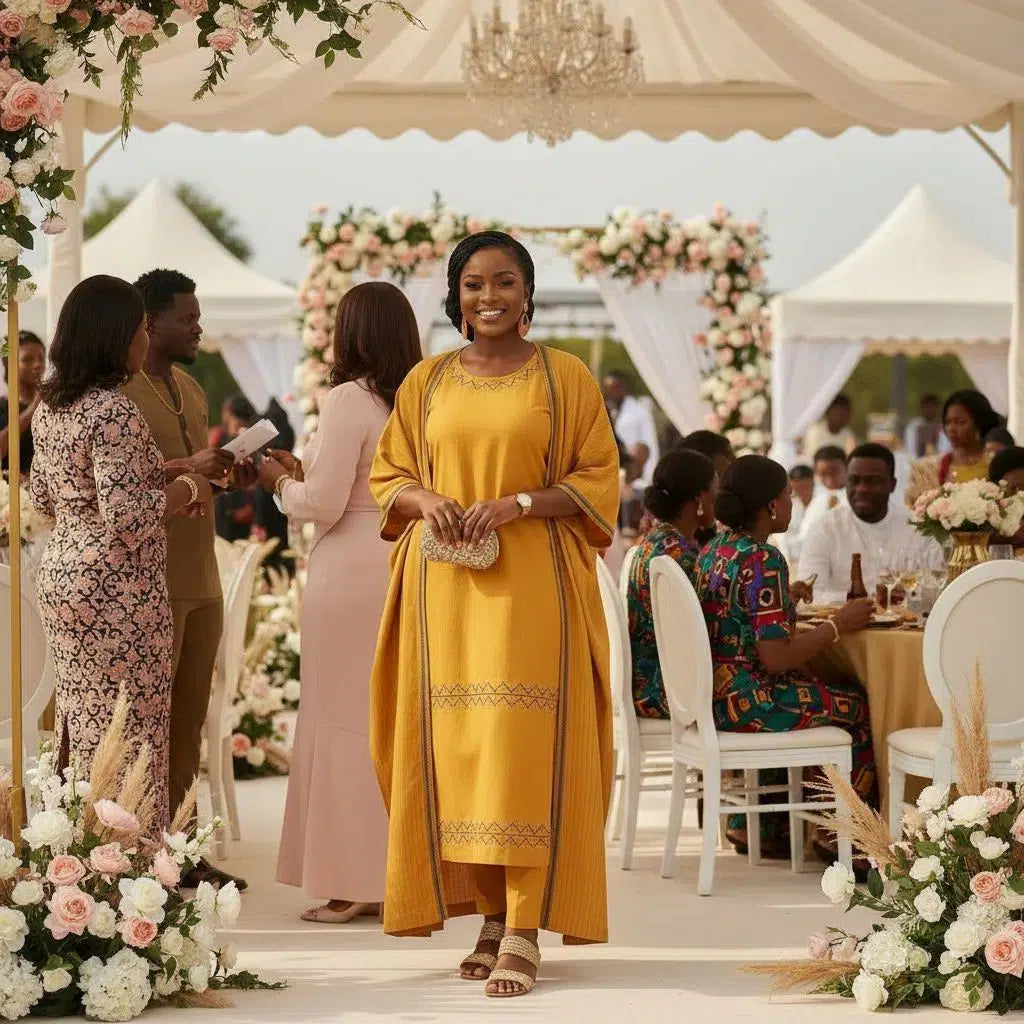 Robe tunique broderie africaine femme coton jaune moutarde