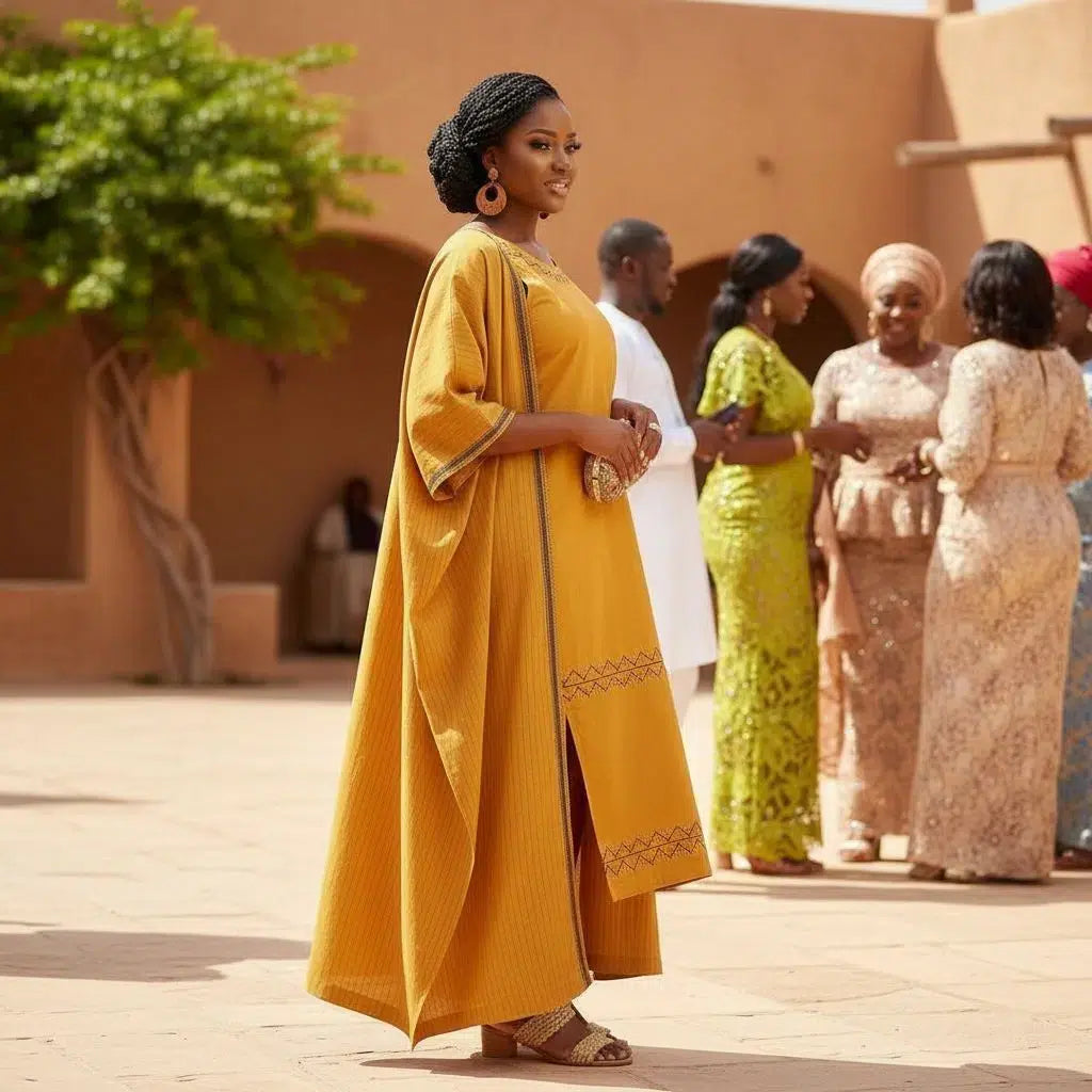 Robe tunique broderie africaine femme coton jaune moutarde