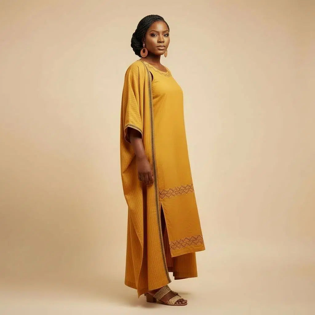 Robe tunique broderie africaine femme coton jaune moutarde