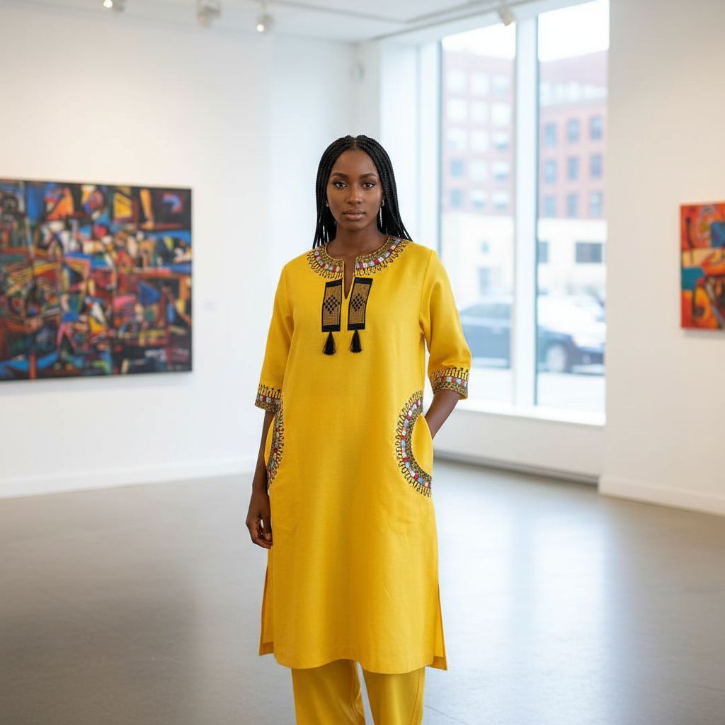 Robe africaine jaune brodée et pantalon, ensemble élégant femme chic