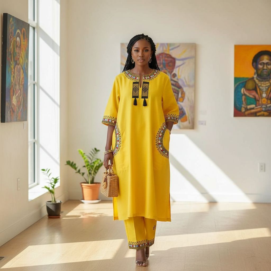 Robe africaine jaune brodée et pantalon, ensemble élégant femme chic