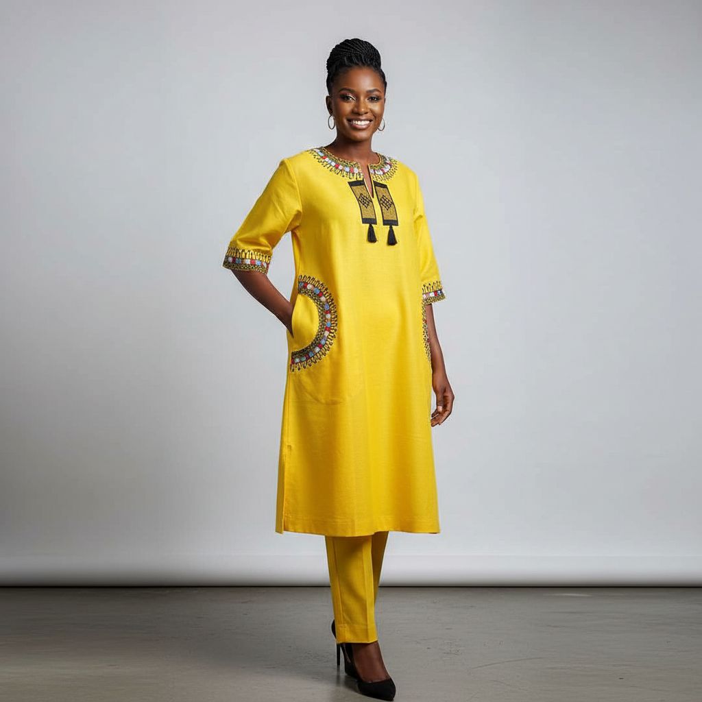 Robe africaine jaune brodée et pantalon, ensemble élégant femme chic
