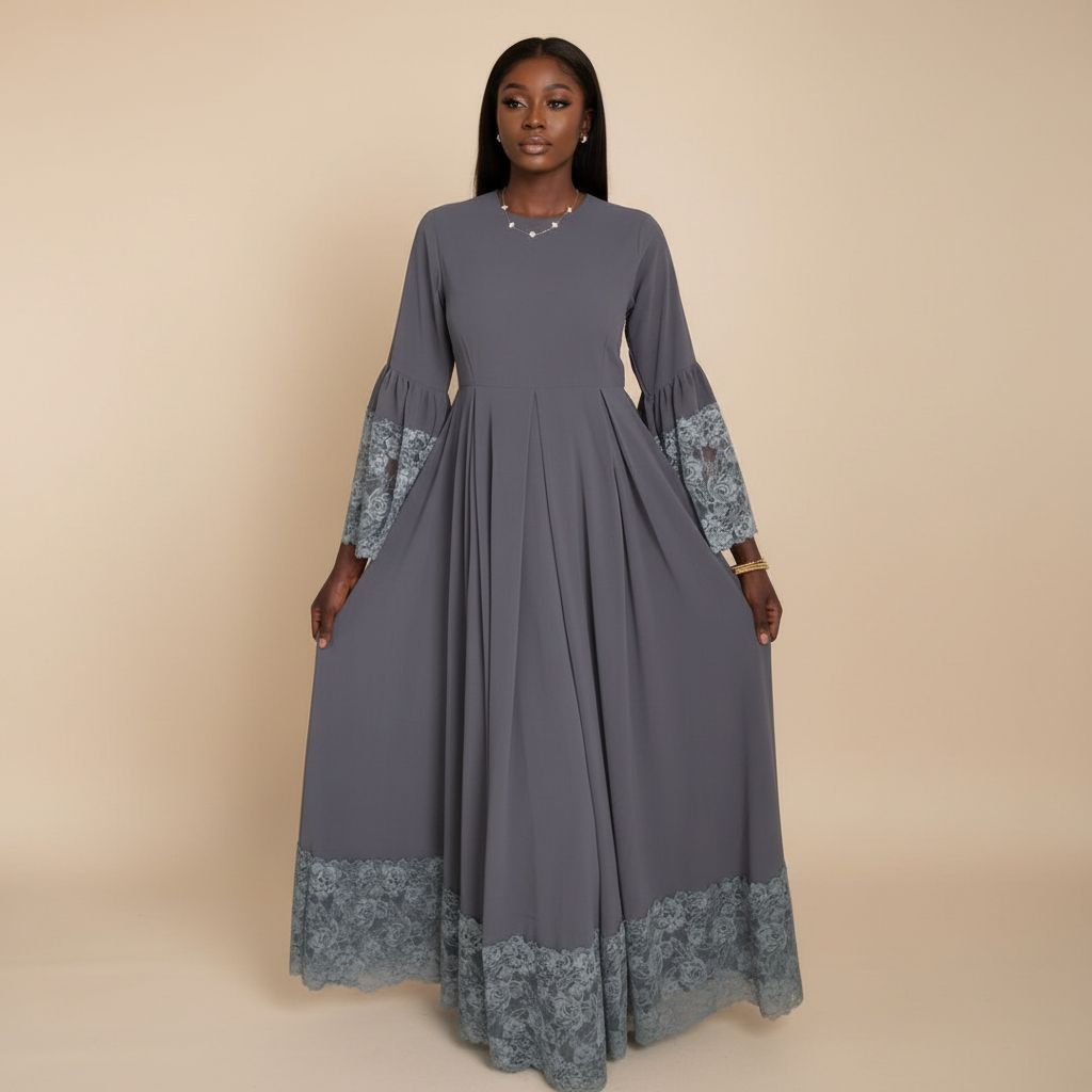 Robe ample femme grise élégante, longue et fluide, idéale cérémonie soirée