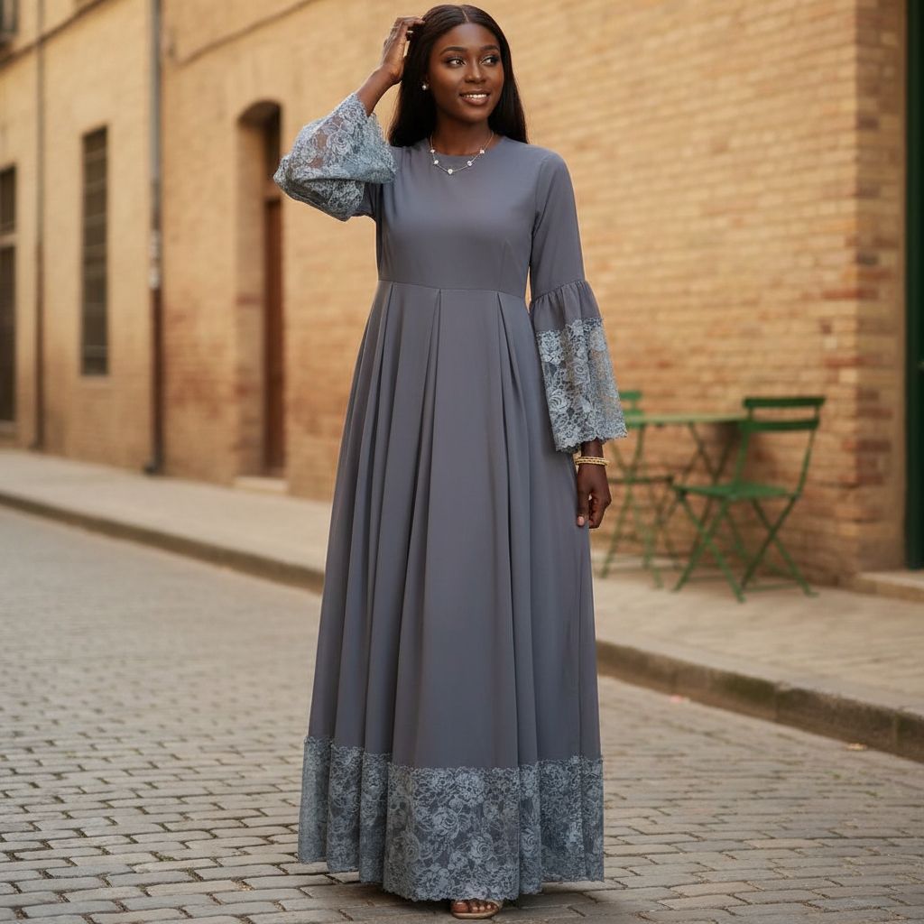 Robe ample femme grise élégante, longue et fluide, idéale cérémonie soirée