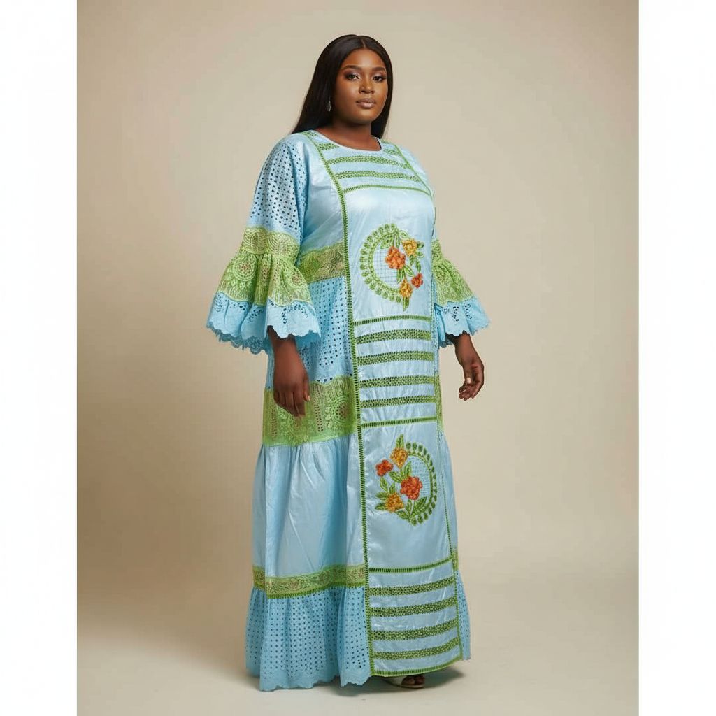 Robe bazin bleu femme brodée cérémonie, élégante bleu et vert grande taille