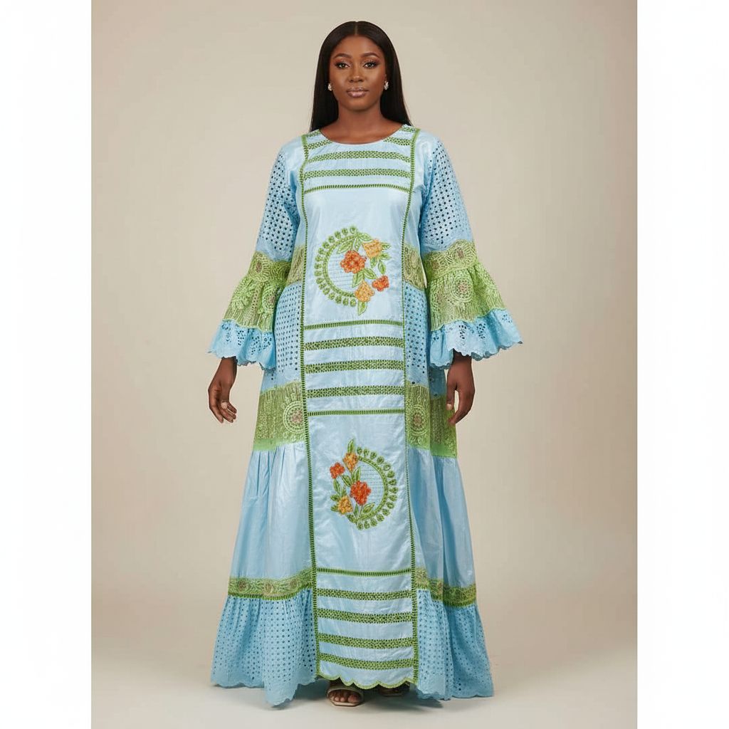 Robe bazin bleu femme brodée cérémonie, élégante bleu et vert grande taille