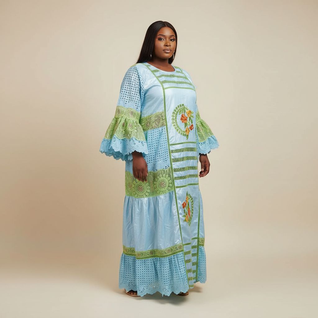 Robe bazin bleu femme brodée cérémonie, élégante bleu et vert grande taille