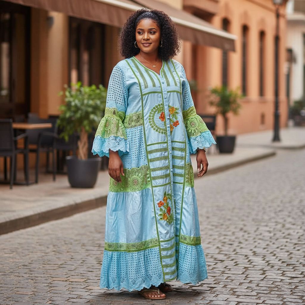 Robe bazin bleu femme brodée cérémonie, élégante bleu et vert grande taille