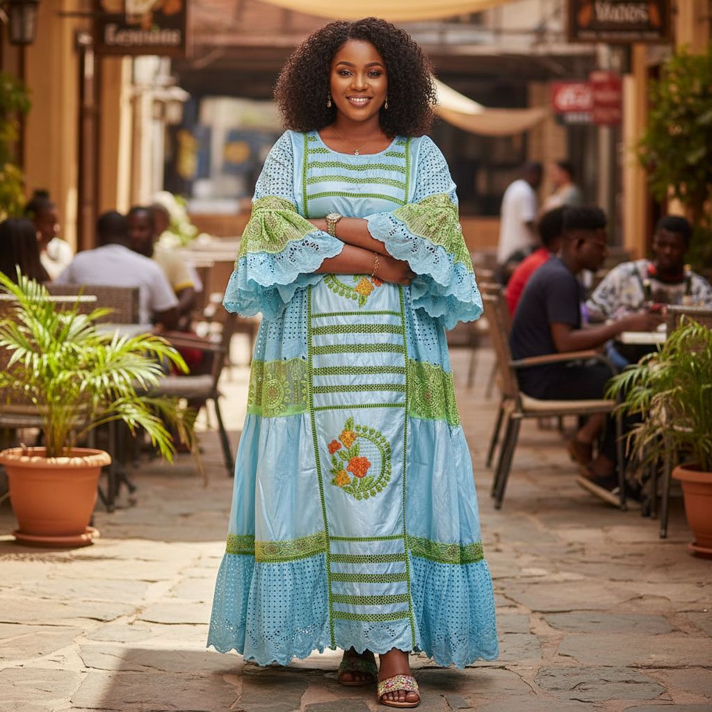 Robe bazin bleu femme brodée cérémonie, élégante bleu et vert grande taille