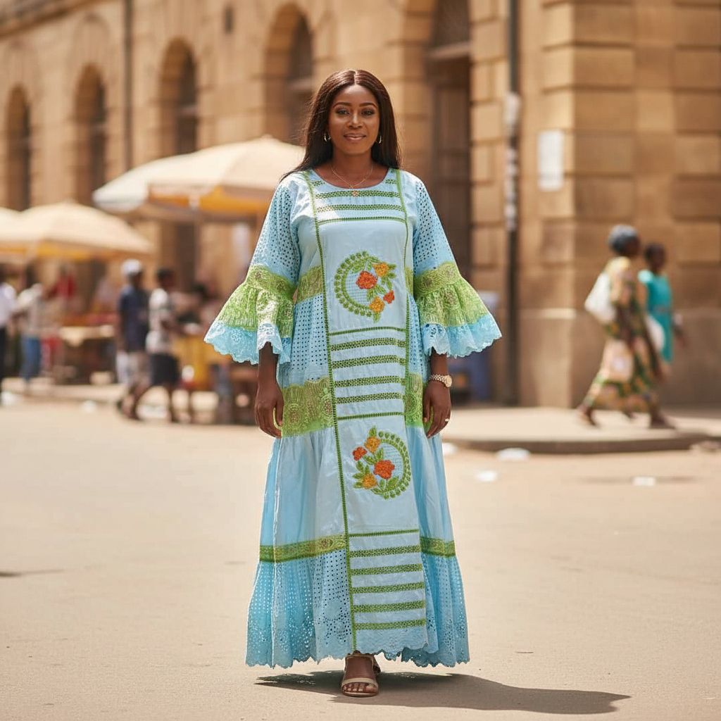 Robe bazin bleu femme brodée cérémonie, élégante bleu et vert grande taille