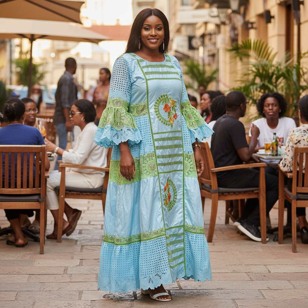 Robe bazin bleu femme brodée cérémonie, élégante bleu et vert grande taille