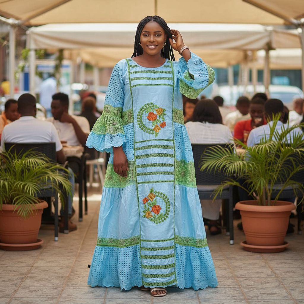 Robe bazin bleu femme brodée cérémonie, élégante bleu et vert grande taille