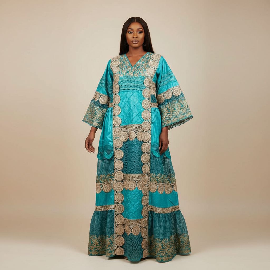 Robe bazin dentelle femme longue élégante cérémonie brodée bleu turquoise
