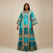 Robe bazin dentelle femme longue élégante cérémonie brodée bleu turquoise