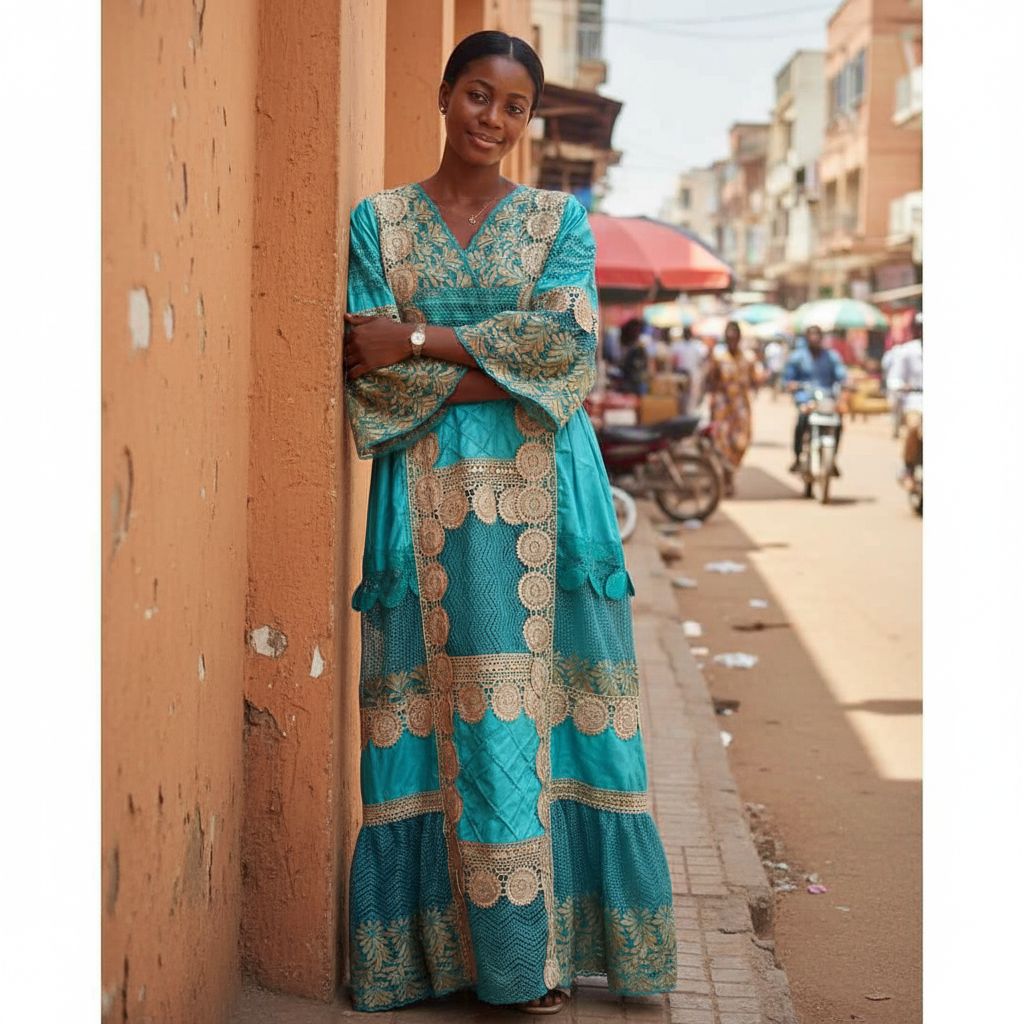 Robe bazin dentelle femme longue élégante cérémonie brodée bleu turquoise