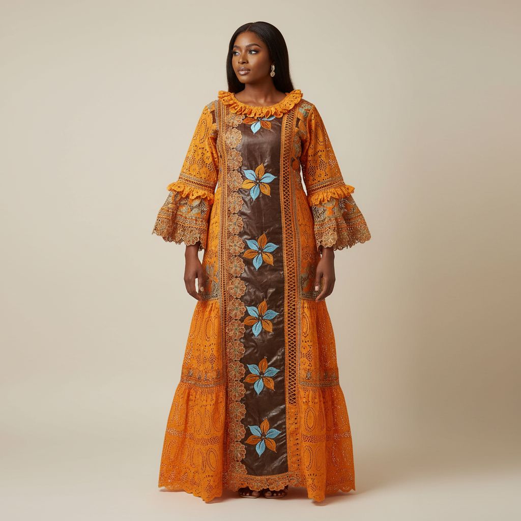 Robe bazin femme marron brodée bleu et orange, élégante et chic
