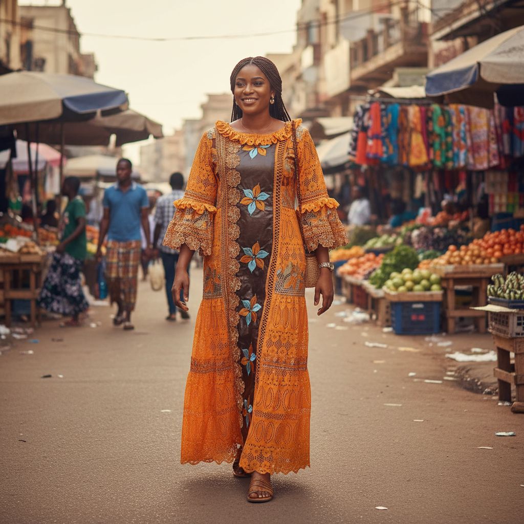 Robe bazin femme marron brodée bleu et orange, élégante et chic