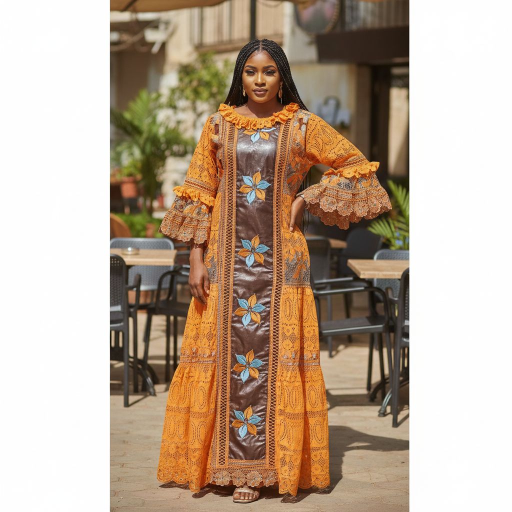 Robe bazin femme marron brodée bleu et orange, élégante et chic