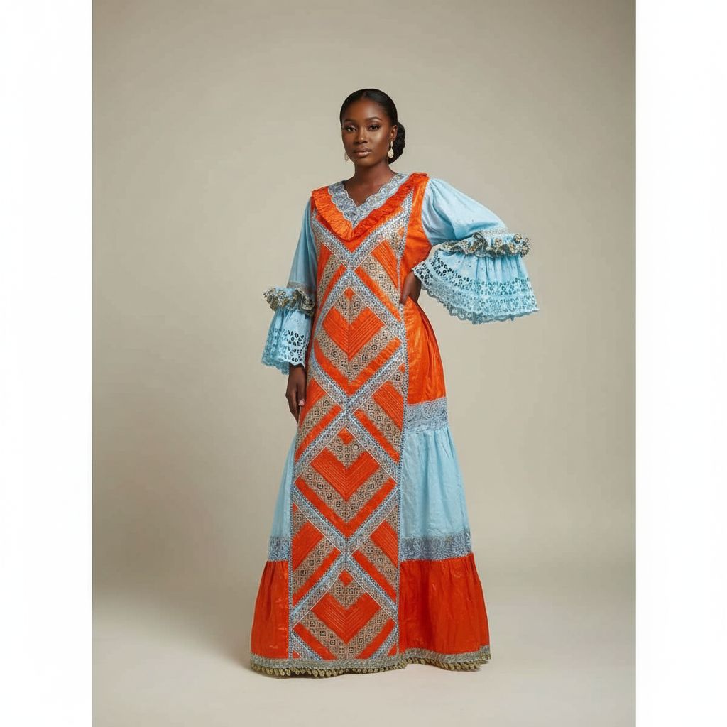 Robe bazin femme orange brodée bleu, élégante cérémonie ou soirée