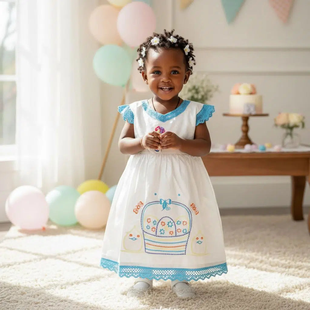 Robe bazin fille blanche brodé en coton