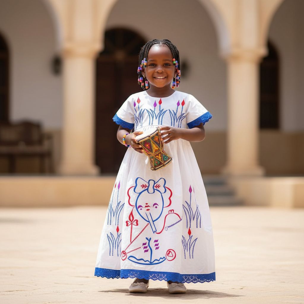 Robe bazin blanche avec détails bleu en coton confortable