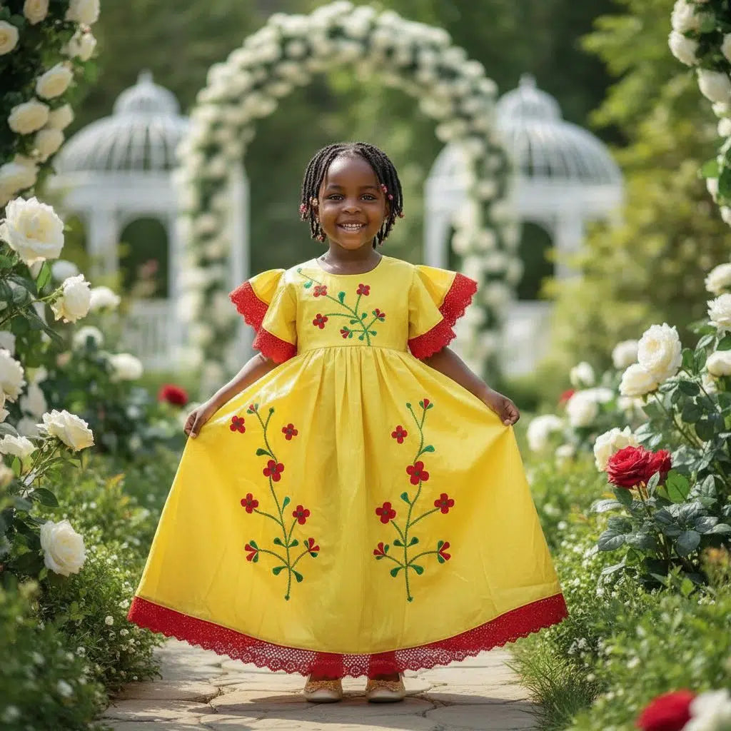 Robe bazin fille jaune brodée de 4 ans