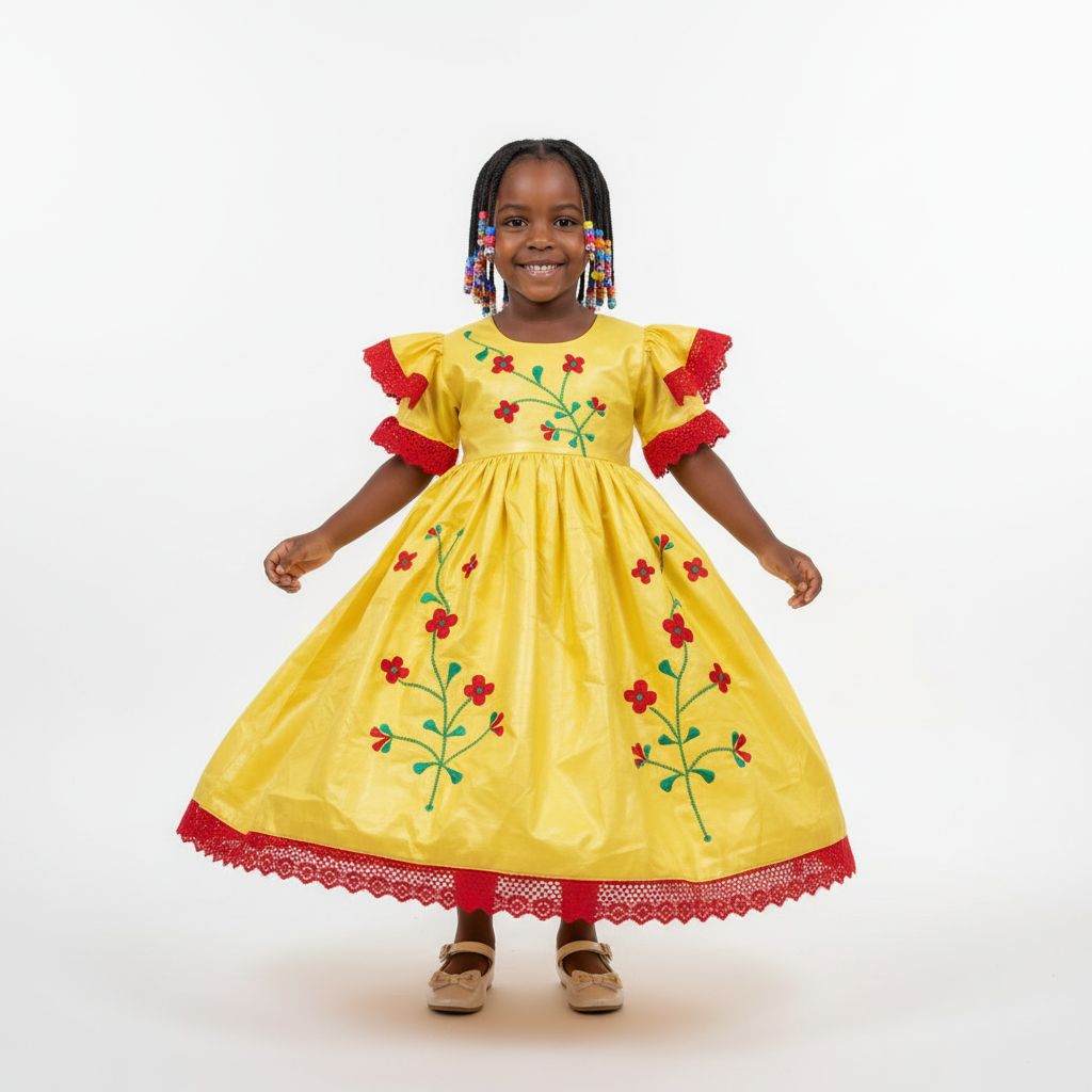 Robe bazin fille jaune brodée de 4 ans