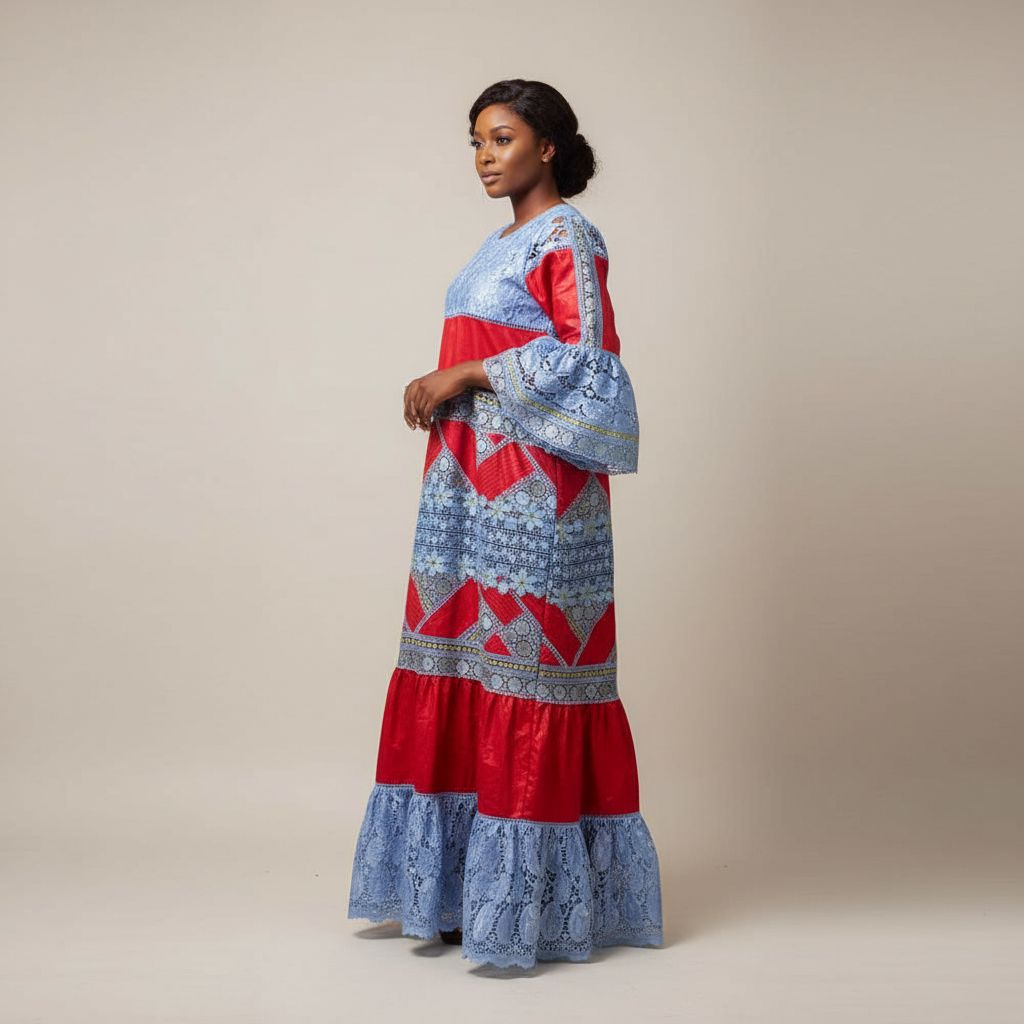 Robe bazin guipure dentelle rouge bleu