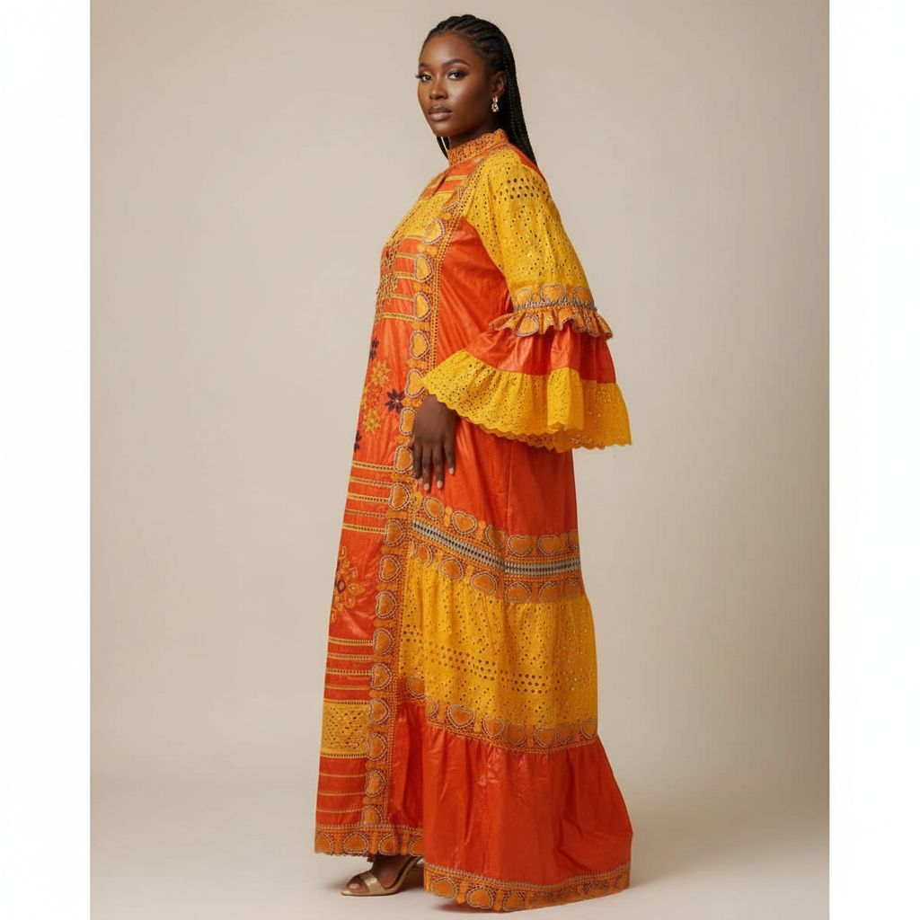 Robe bazin orange femme brodée, élégante cérémonie ou soirée grande taille