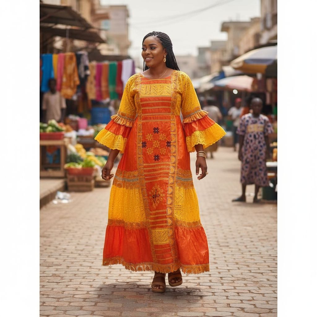 Robe bazin orange femme brodée, élégante cérémonie ou soirée grande taille